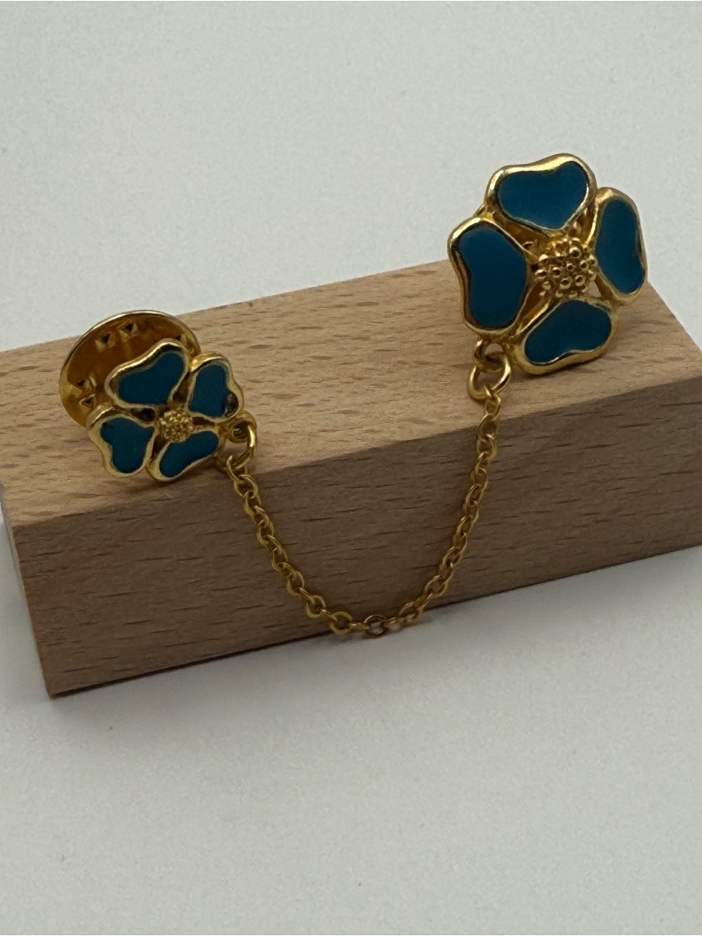 Vintage Blue/Green Enamel Flower Double Lapel Pin Gold Tone Chain Collar Brooch